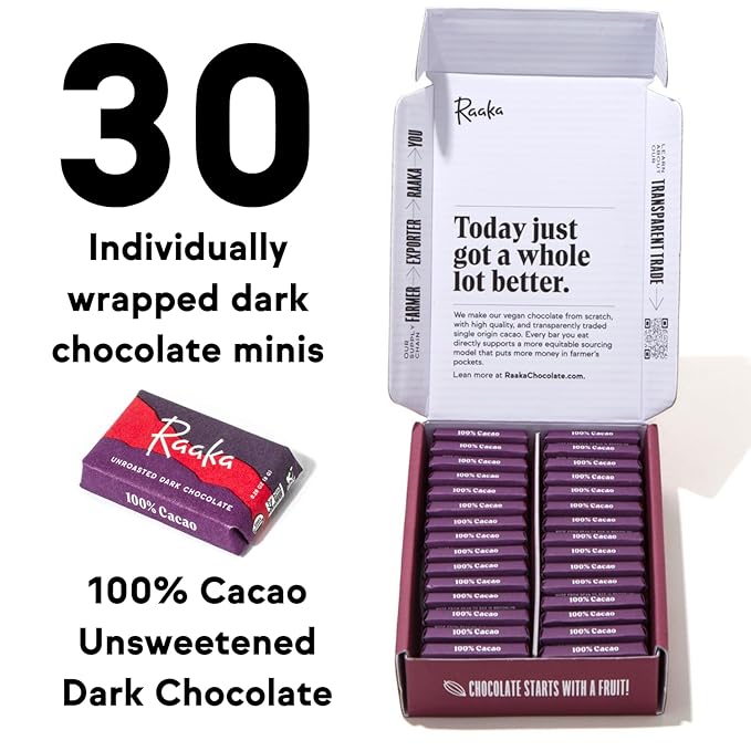 Raaka 100% Dark Chocolate Mini Bars | Unsweetened Bitter No Added Sugar or Artificial Sweeteners | Organic Vegan Gluten Free Paleo Kosher | Box of 30 Individually Wrapped Chocolates