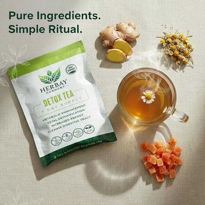 Herbay Harmony Organic Detox Tea – Caffeine-Free Herbal Cleanse for Bloating Relief Digestive Tea &amp Natural Body Detox Organic Herbal Blend with Ginger Chamomile &amp Papaya - 24 Pack (24 Week