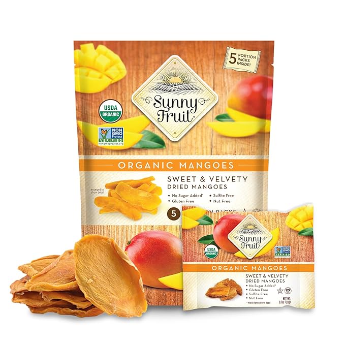 Sunny Fruit Soft Organic Dried Mangoes - 6 Bags (30 Individual Portion Packs) | No Preservatives Sulfides or Sugar Added | Healthy Convenient Dried Fruit Snack Packs | NON-GMO VEGAN HALAL KOSHER