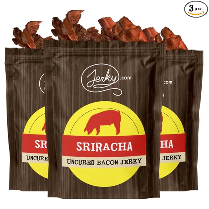 Sriracha Bacon Jerky - 3 PACK - Made with REAL Bacon and Sriracha Sauce - World Famous Small Batch Bacon Jerky - 5.25 oz. total