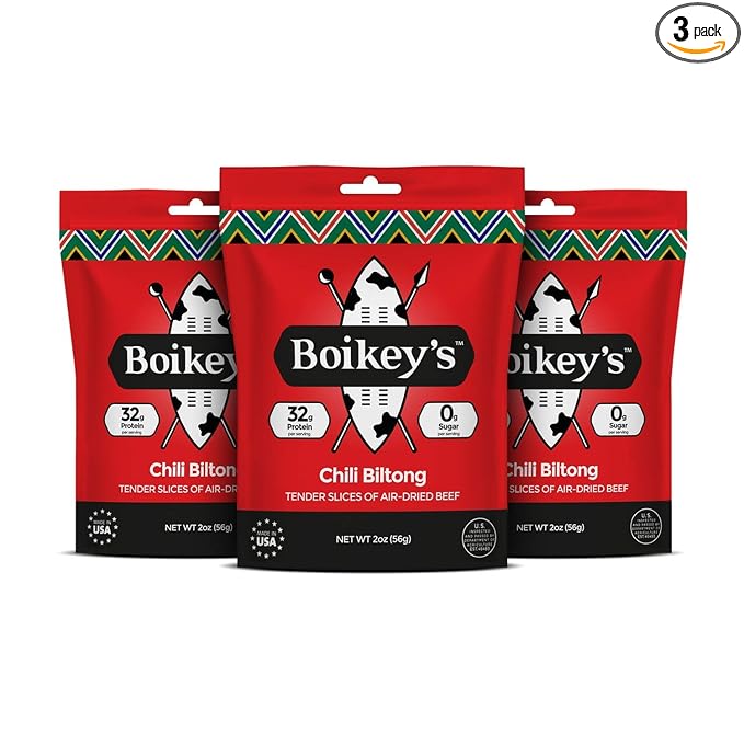Boikeys Biltong South African Style Beef Jerky - Chili Flavor - Gluten Free - Zero Sugar Keto Friendly - 32g Protein - Premium Round Roast Beef Cuts - Naturally Cured - 2 oz (3 Pack)