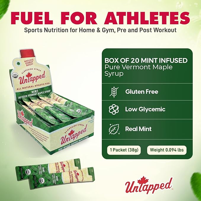 UnTapped Mint Maple Syrup Energy Gels 20 Gels | Organic Pure Vermont Maple Syrup with Real Mint | Gluten-Free Low Glycemic | Natural Fuel for Running Cycling &amp Endurance