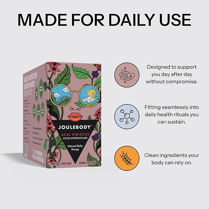 Joulebody Acai Hibiscus Good Morning Bars Meal Replacement Bars Plant Based Gluten-Free Organic Ingredients 10 Bars per Box