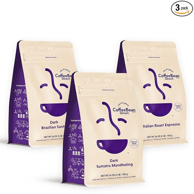 Coffee Bean Direct Dark Roast Coffee Lovers Variety Bundle – Brazilian Santos Italian Espresso &amp Sumatra Whole Bean Dark Roast 1 Pound Bags (Pack of 3)