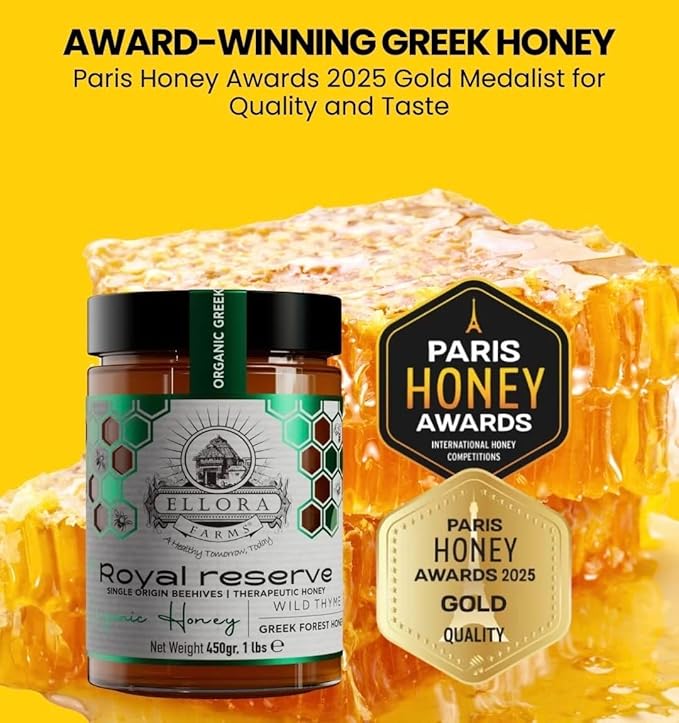 Ellora Farms Organic Honey Wild Thyme Raw Honey Greek Unfiltered Preservative and Additive Free Paris and Dubai Gold Awards Winner Gift Pack with Dipper - 450 g