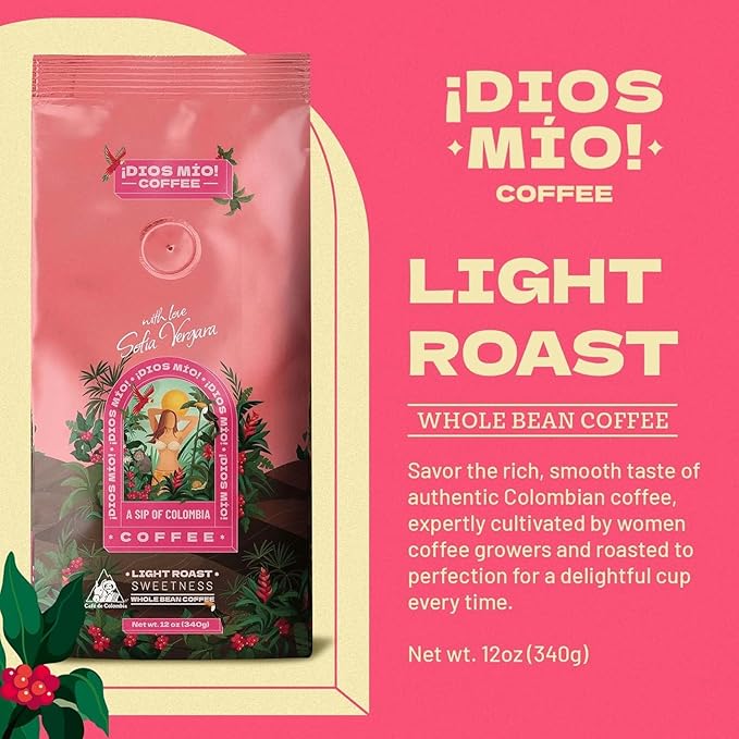 Dios Mio Coffee by Sofia Vergara Light Roast Whole Bean Premium Colombian Coffee 12 Ounce Bag (Pack of 3)