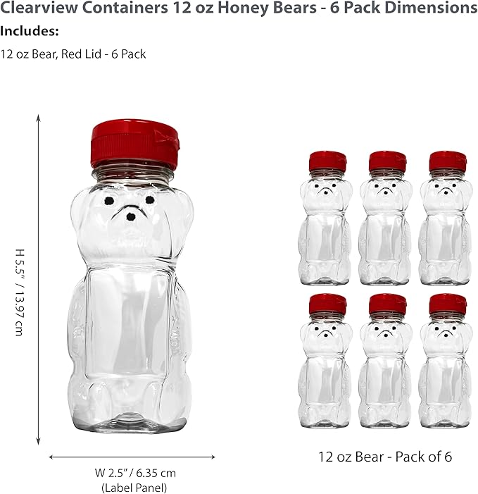 12 Ounce Clear Plastic Squeezable Honey Bears with Sealable Flip Top Lids - BPA Free Hand Wash Only (Red 6 Pack)