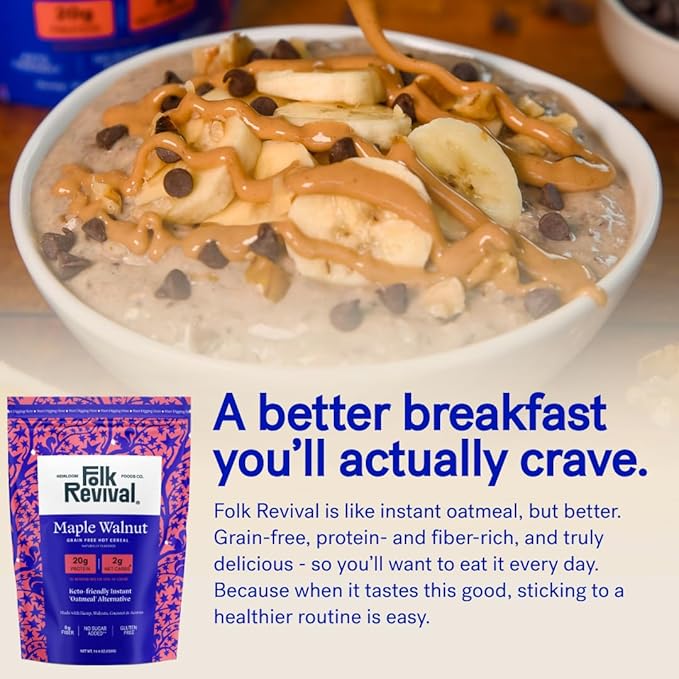 Folk Revival Maple Walnut Keto Instant 'Oatmeal' - 20g Protein 2g Net Carbs High Fiber Non GMO Gluten Free Made with Acorns - 19.4 Oz (550g) - 10 Servings Per Pouch