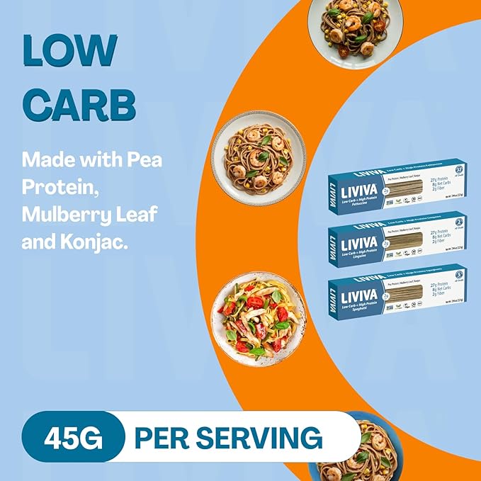 LIVIVA Low Carb High Protein KETO Pasta – 135 g Protein per Box with Pea Protein &amp Konjac Flour - 8g Net Carbs Diabetic-Friendly - Ready to Eat in 3 – 4 mins - Healthy Al Dente Pasta (6 Pack Fet