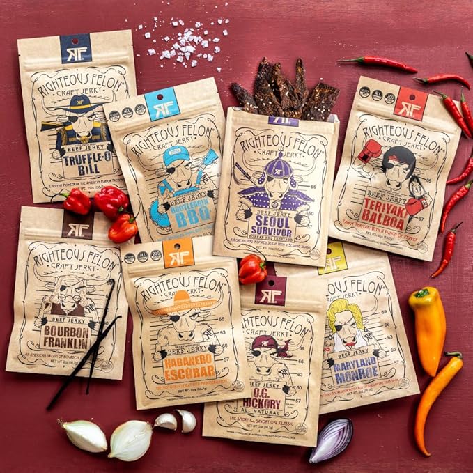 Righteous Felon Beef Jerky Variety Pack | Gluten Free Beef Jerky Snack Packs for Adults | High Protein Keto-Friendly Low Sugar | Made with Premium Meats | Beef Jerky Gifts for Men | Sampler 8 Pack