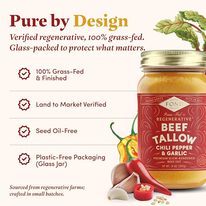 FOND Regenerative Grass-Fed Beef Tallow for Cooking – High Smoke Point Grass Fed Beef Tallow for Frying Sautéing &amp Roasting – Sustainably Sourced Seed Oil Free – Chili and Garlic 14oz (4-Pack)