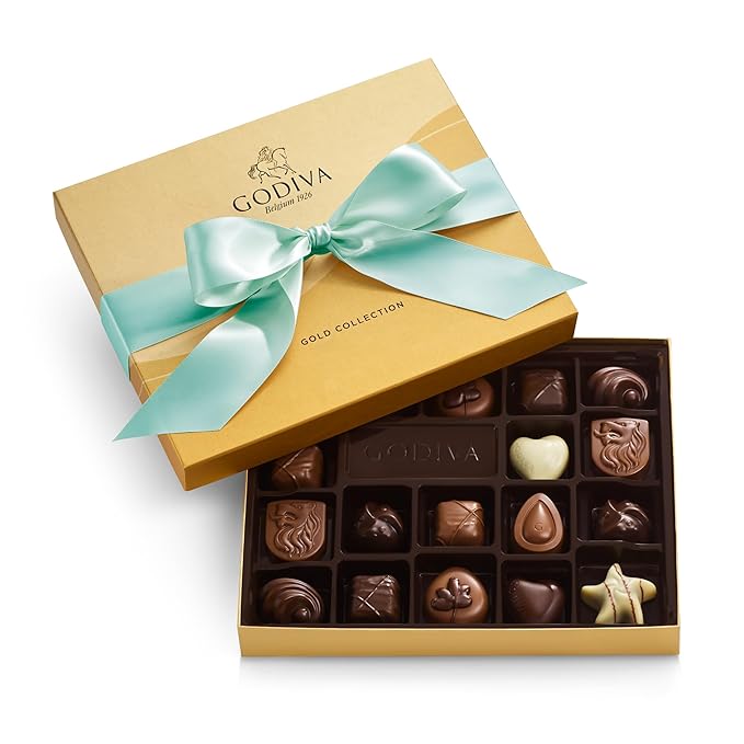 Godiva Assorted Chocolate Gift Box- Milk White and Dark Chocolate with Caramel and Nuts Gourmet Chocolate Candy Gift Basket for Congratulations Birthday and Anniversary Aqua Ribbon 18-Piece