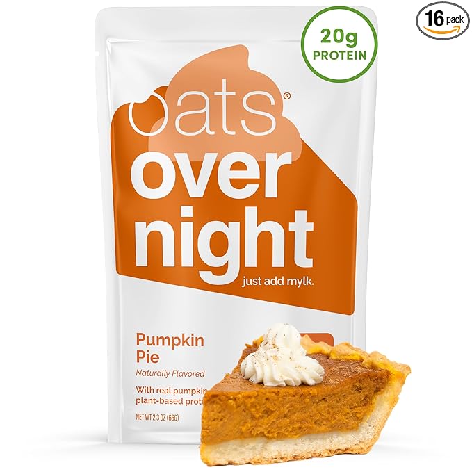 Oats Overnight Pumpkin Pie - Vegan Overnight Oats with 20g Protein High Fiber Breakfast Protein Shake - Gluten Free Oatmeal Non GMO High Protein Oatmeal (2.3 oz per meal) (16 Pack)