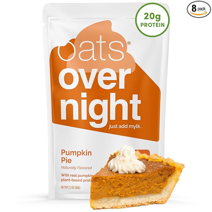 Oats Overnight Pumpkin Pie - Vegan Overnight Oats with 20g Protein High Fiber Breakfast Protein Shake - Gluten Free Oatmeal Non GMO High Protein Oatmeal (2.3 oz per meal) (8 Pack)