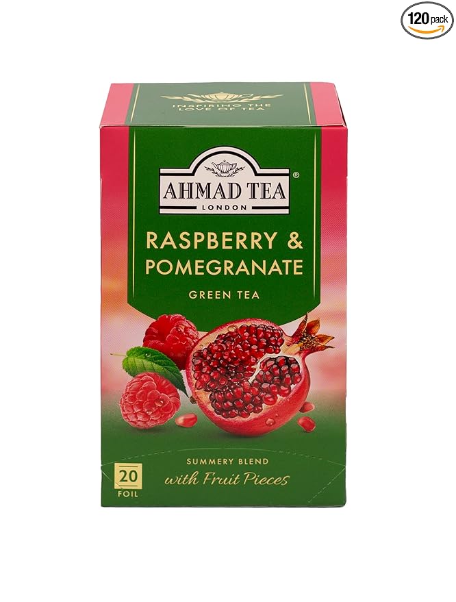 Ahmad Tea Foil-Enveloped Teabags Green Tea Raspberry &amp Pomegranate 20Count (Pack Of 6)