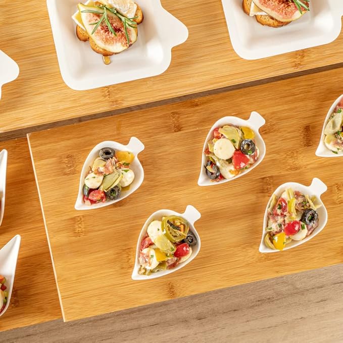 Restaurantware-Pulp Safe No PFAS Added 3.7 x 2.4 Inch Tasting Dishes 100 Disposable Dishes - Home Compostable Microwavable And Freezable White Bagasse Food Dish Leaf Shape For Appetizers