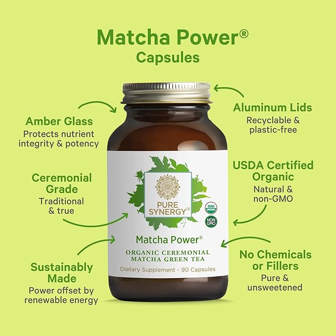 PURE SYNERGY Matcha Power | Organic Matcha Green Tea Capsules | Ceremonial Grade Supplement with EGCG | for Enhanced Energy &amp Alertness (90 Capsules)