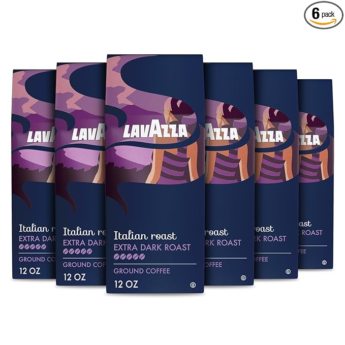 Lavazza Italian Roast Ground Coffee 6 Bags of 12oz Dark Roast Strong and Bold Taste Intensity 5/5 100% Arabica Ideal for Drip Brewers (Pack of 6) - Package May Vary