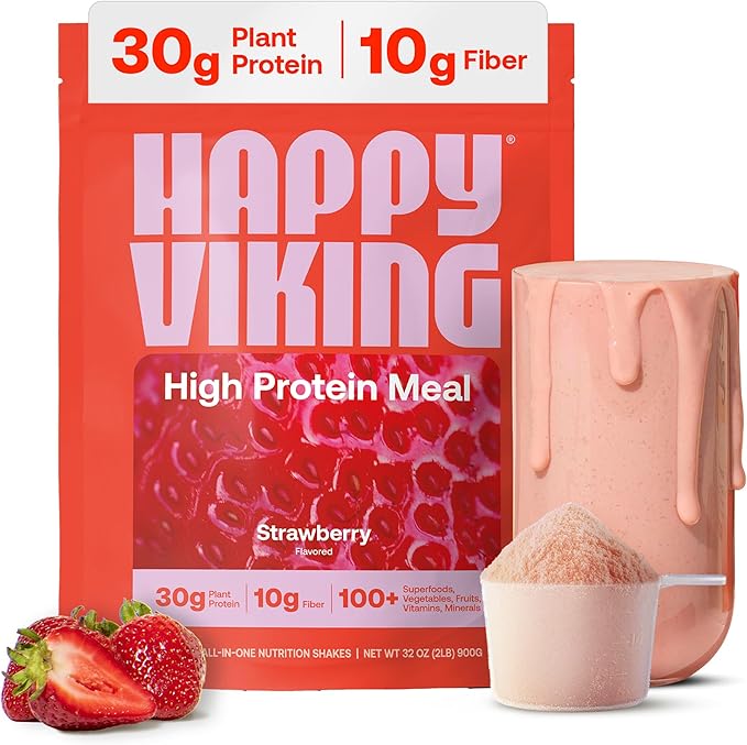 Happy Viking Plant-Based Protein Powder +100 Superfoods Strawberry Meal Replacement Shake Created by Venus Williams 30g Plant Protein 10g Fiber Vegan Gluten-Free Non-GMO15 Meals
