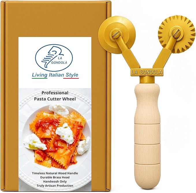La Gondola Homemade Pasta Cutter - Double Wheel (Festooned &amp Smooth) | Pasta Making Tool for Home and Business | Brass &amp Natural Wood | Easy to Use Pasta Cutting Tool | Ravioli Cutter Made in