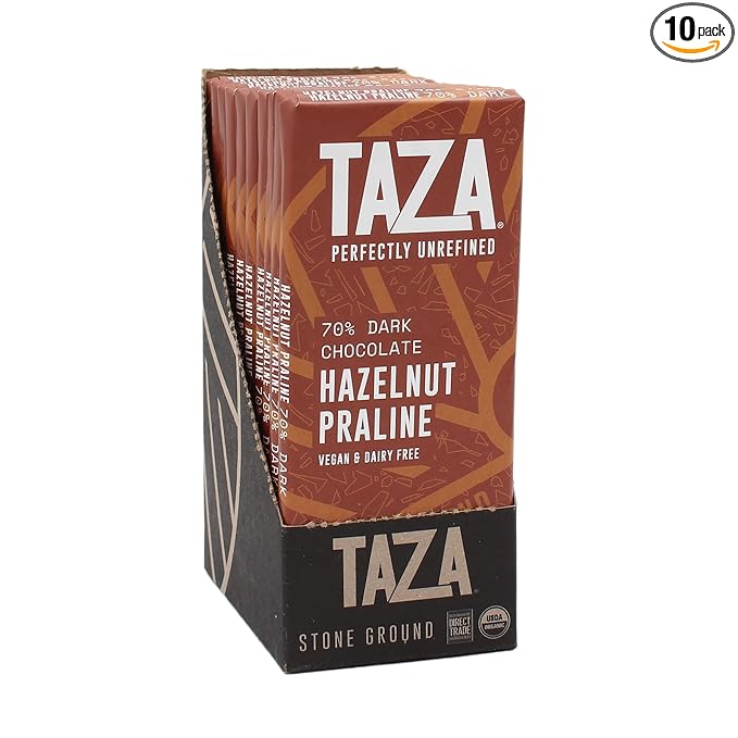 Taza Chocolate Organic Amaze Bar 70% Dark Stone Ground Hazelnut Praline 2.5 Ounce (10 Count) Vegan