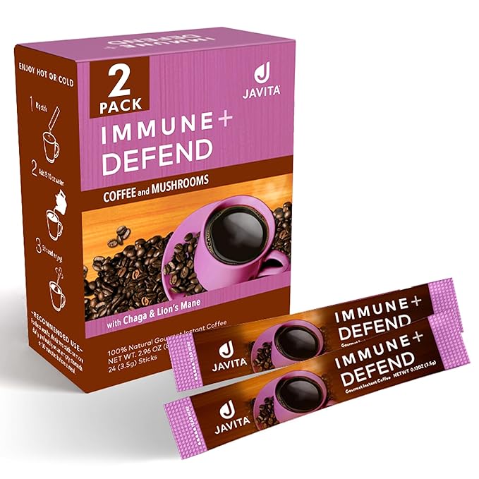 Mushroom + Coffee Javita Immune &amp Defend Blend of Chaga Lion's Mane and Dark Roast Robusta Coffee for Morning Boost Wellness Support Smooth Convenient Coffee Mix (2 box/48 serv)