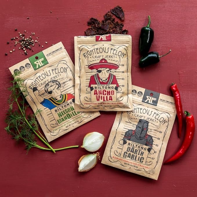 Righteous Felon Biltong Beef Jerky Variety Pack | South African Biltong Snack Packs for Adults | High Protein Keto-Friendly Low Sugar | Made with Premium Meats | Beef Jerky Gifts for Men | 3 Pack