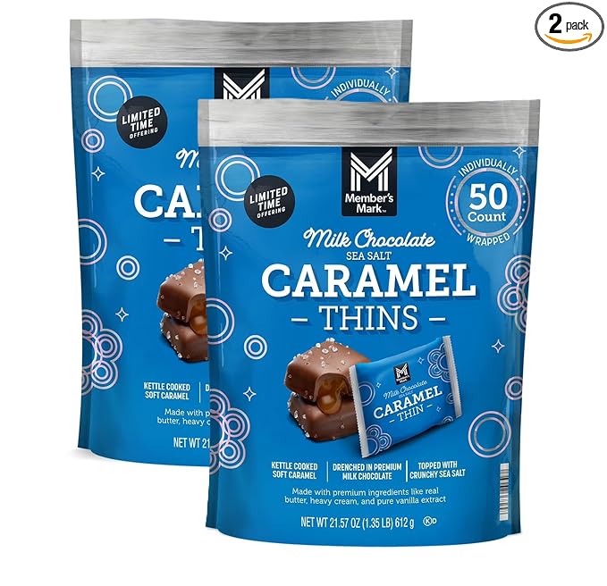Member Marks Milk Chocolate Sea Salt Caramel Thins (50 Count) 21.57 Oz - 2 Pack - Creamy Milk Chocolate with Velvety Caramel Filling &amp Sea Salt - Individually Wrapped Gourmet Snacks