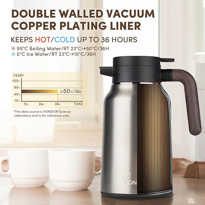 Vondior Coffee Carafe 35oz/1.0L - 24Hours Coffee Thermal- Insulated 304 Stainless Steel Hot Beverage Dispenser - Thermal Coffee Carafes For Keeping Hot/Cold Coffee Drink Dispenser for Parties