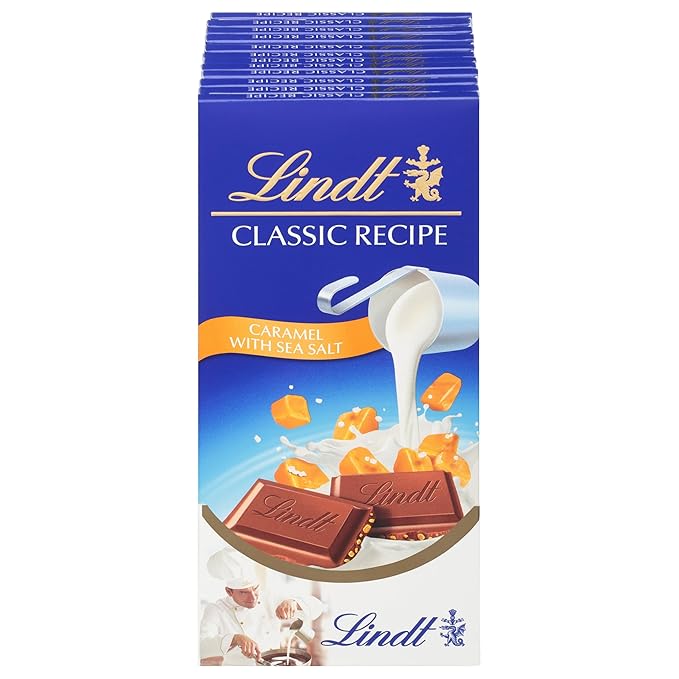 Lindt CLASSIC RECIPE Caramel with Sea Salt Milk Chocolate Bar Milk Chocolate Candy with Pieces of Caramel and Sea Salt 4.4 oz. (12 Pack)