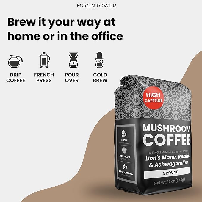 Moontower High-Caffeine Mushroom Coffee - Organic Lions Mane Reishi and Ashwagandha Adaptogen Mushroom Blend Nicaragua Arabica Beans - Boosted Energy Mental Clarity &amp Relaxation (12 oz)
