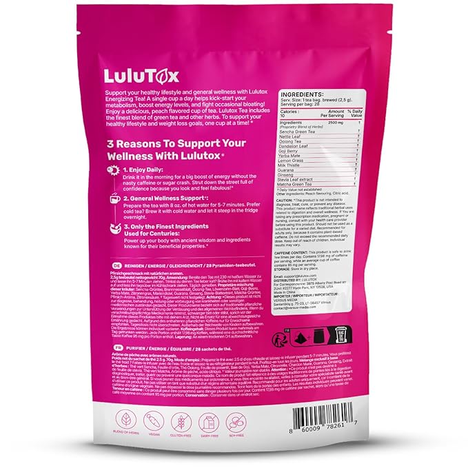 LULUTOX Detox Tea - Slimming Tea with Dandelion and Ginseng to Support Goals for Detox Cleanse Flat Belly Bloating Healthy Weight and Digestive Health - Women &amp Men - Peach Flavor (28 Servings)