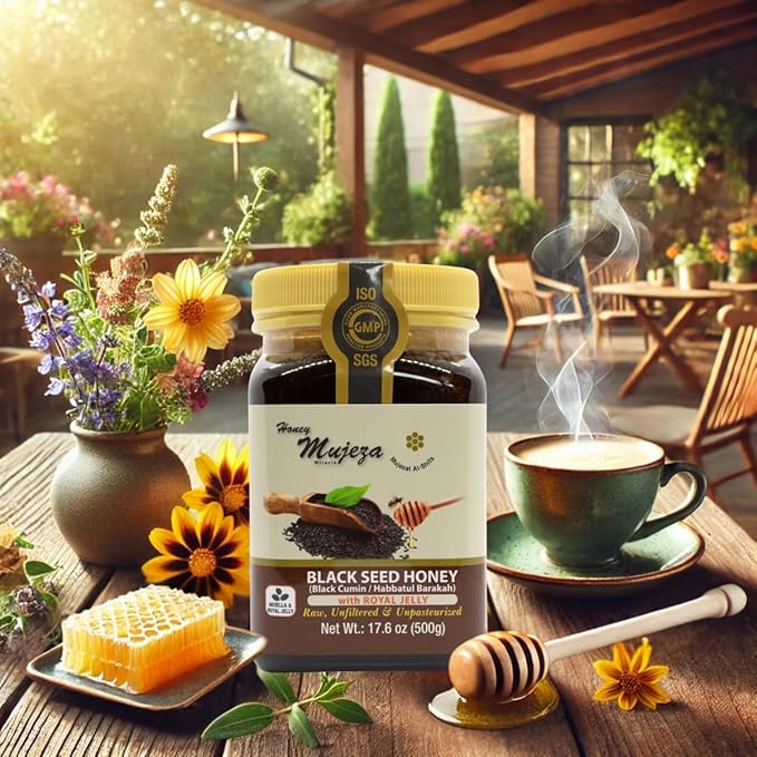 Black Seed Honey with Royal Jelly - Not Mixed with Oil or Powder - Gluten Free - Non GMO - Organic Honey - Immune Booster - 100% Natural Raw Honey (500g /17.6oz)