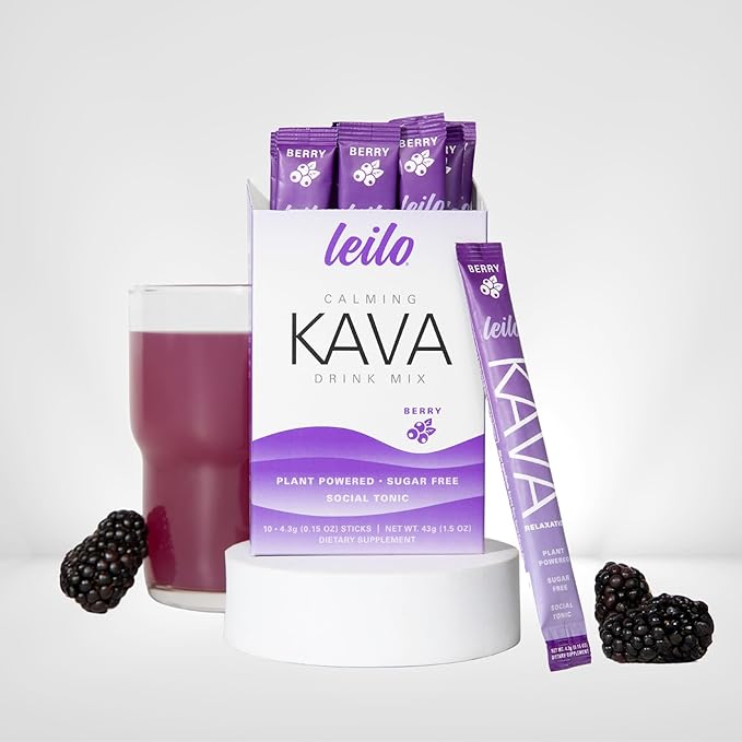Leilo | Calming Kava Drink Mix | Berry 10 Stick Packs (Plant-Based Relaxation Powder Non-Alcoholic Sugar-Free Herbal Supplement)