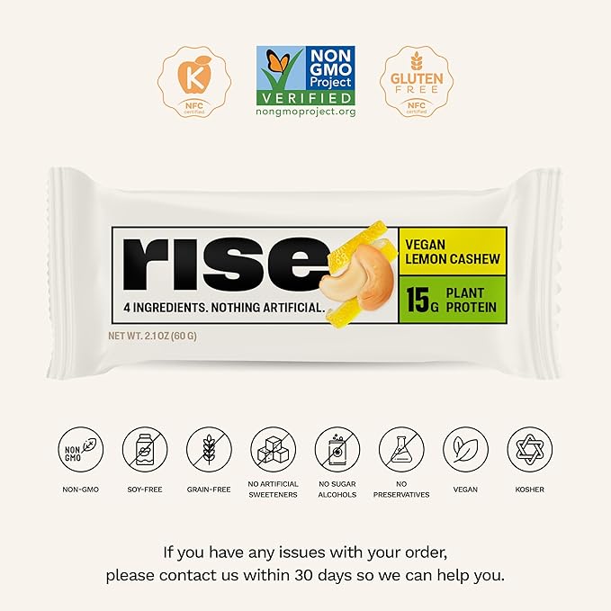 Rise Pea Protein Bar - Vegan Lemon Cashew | Breakfast Bar &amp Protein Snack 15g Protein Just 3 Whole Food Ingredients Non-GMO Gluten-Free Soy Free