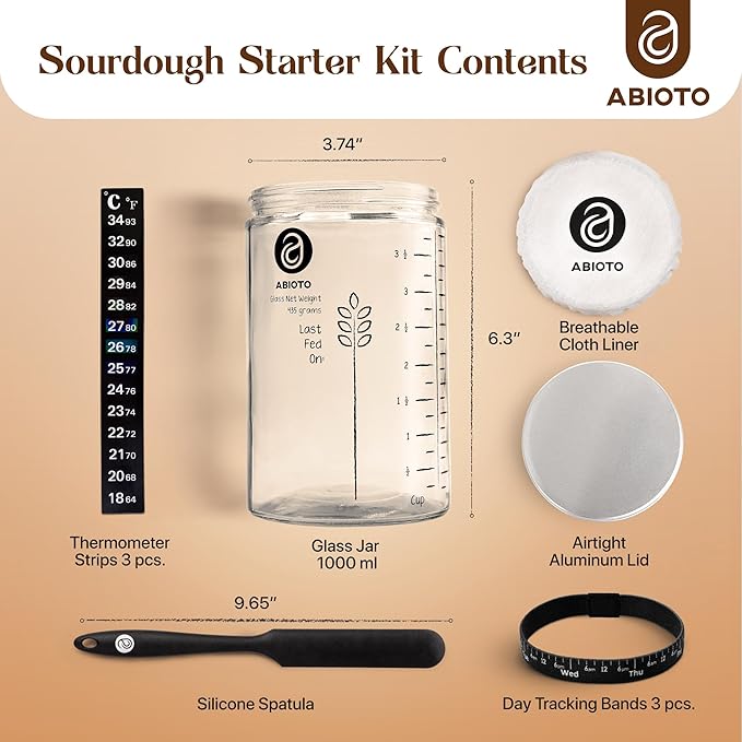 Sourdough Starter Jar Kit Includes 34 oz Sourdough Starter Jar with Metallic Lid Silicone Spatula Feeding Tracker Extra Thermometer Strips &amp Breathable Covers – Sourdough Bread Starter Kit