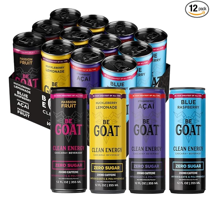 BeGOAT Clean Energy | Zero Sugar Variety Pack | 6 Ingredients Plant-Based Zero Sugar Non-GMO Vegan | 200mg Natural Caffeine | 12 fl oz Cans (Pack of 12)
