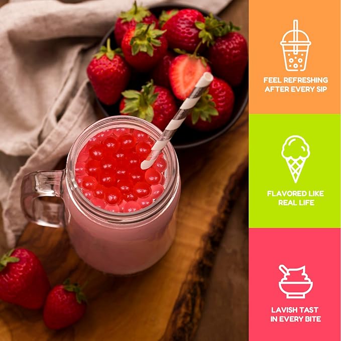 Fanale Strawberry Popping Boba Pearls Vegan Non GMO Gluten Free Fat Free Perfect for Bubble Tea Smoothies Ice Cream Desserts and Beverages.