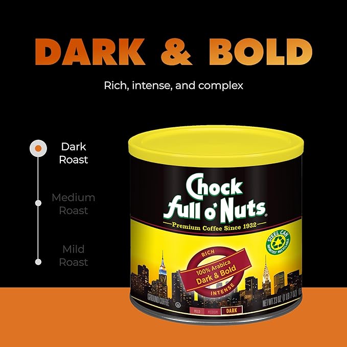 Chock Full o' Nuts Dark &amp Bold Ground Coffee – Premium Beans in Recyclable Steel Can – Rich Flavor &amp Aroma Dark Roast – Perfect for Drip Pour-Over Percolator – 23 Oz Can (Pack of 2)