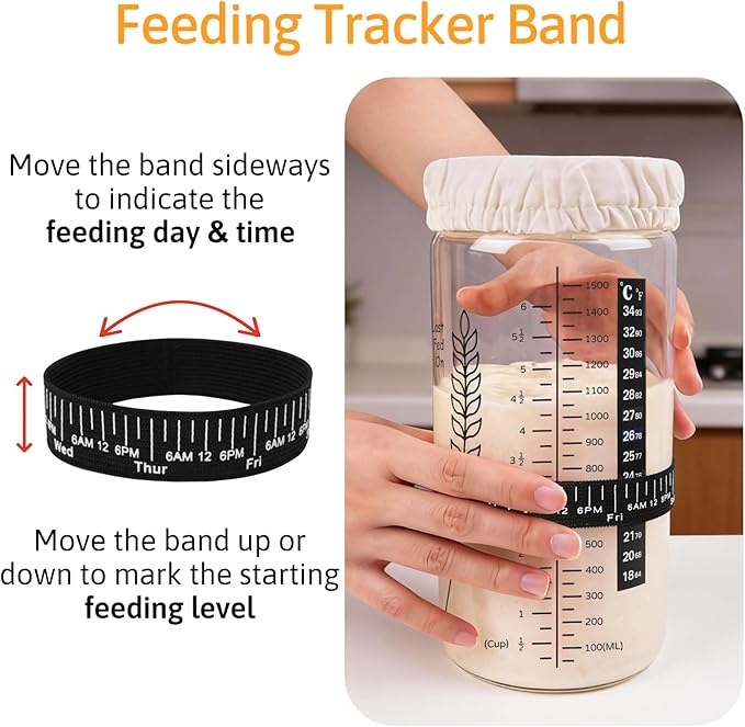 57oz Sourdough Starter Jar Kit Extra Large Capacity Sourdough Jar Wide Mouth Sourdough Bread Starter Kit for Perfect Sour Dough Bread Aluminum Lid for 2 Storage Options Glass Jar for Baker (Black)