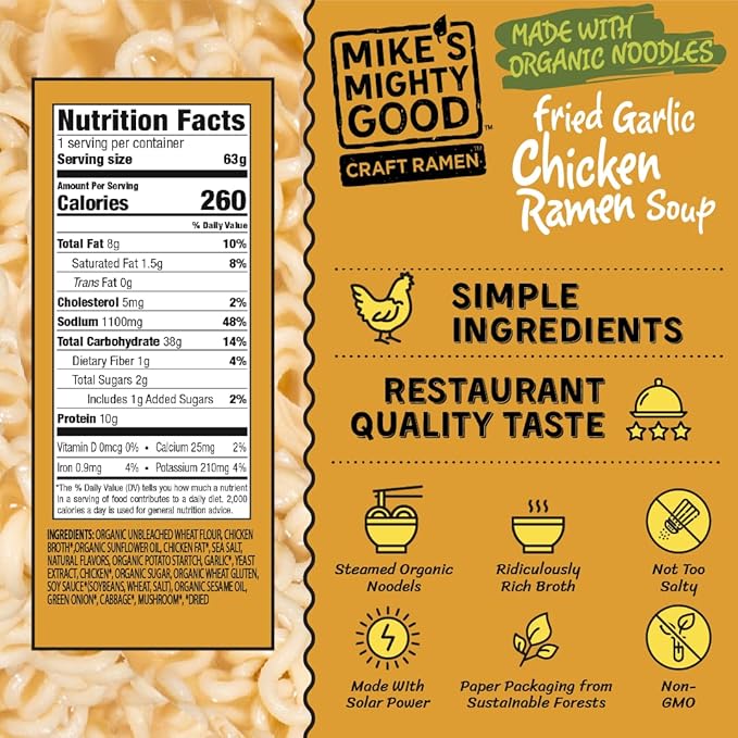 Mike’s Mighty Good Fried Garlic Chicken Ramen Noodles Bone Broth Pillow Pack (Pack of 7) – 12g Protein Healthy Instant Ramen – Organic Steamed Non-GMO Seed Oil-Free – Rich Antibiotic Free Chicken