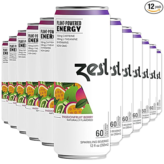Zest Clean Energy Drink – Passionfruit Berry – 150mg Caffeine + 100mg L-Theanine – Natural Focus &amp Concentration Boost – Healthy Energy Drink 12oz Can 12 Pack – Low Sugar No Artificial Sweeteners