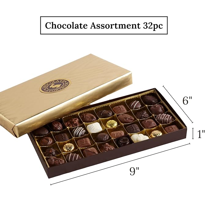 Assorted Chocolates Gift Box 1lb. (32pc) - Milk Dark White Chocolate Caramels Clusters Creams - Unique Ideas for Holidays Birthdays Business Gifts Party Favor