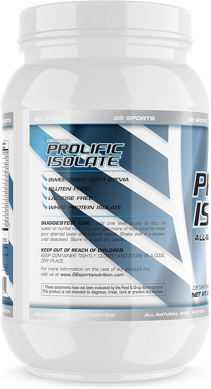 G6 Sports Nutrition Prolific Isolate All Natural Whey Protein Isolate (Gluten Free Lactose Free Stevia Sweetened 25g Protein 100 Calories) – 2.5lb Jar – Chocolate