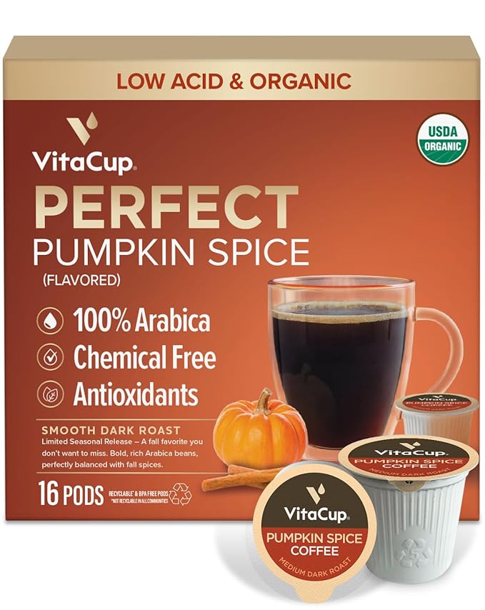 VitaCup Organic Pumpkin Spice Coffee Pods Low Acid Lab Tested for Mold Toxins and Chemicals Fair Trade Certified Single Serve Pods 16ct