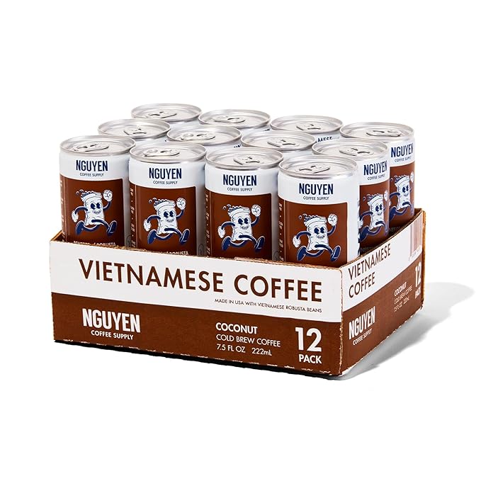 Nguyen Coffee Supply - Coconut: Vietnamese Cold Brew Iced Coffee 100% Robusta Low Sugar Dairy-Free 7.5 fl oz cans [12 Pack]