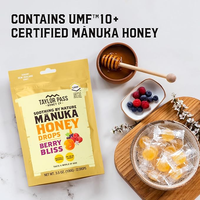 Taylor Pass Mānuka Honey Drops Bundle UMF™ 10+ Cool Mint &amp Berry Bliss Lozenges | Natural Soothing On-The-Go | 2 Packs 22 Drops Each | Made in New Zealand