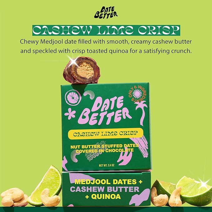 Date Better Cashew Lime Crisp Stuffed Medjool Dates - Dark Chocolate-Covered Dates Filled With Creamy Cashew Butter &amp Toasted Quinoa | No Artificial Sweeteners Gluten-Free &amp Vegan (6-Pack)