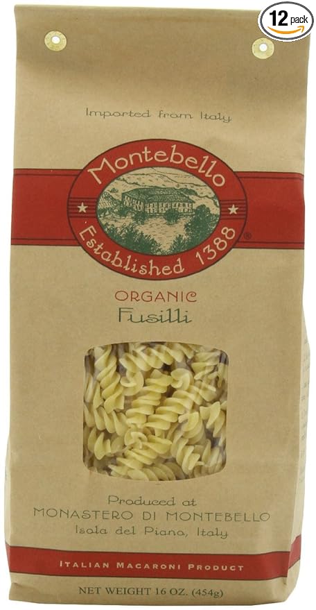 Montebello Organic Fusilli Artisan Pasta Non GMO 16 Ounces (Pack Of 12)