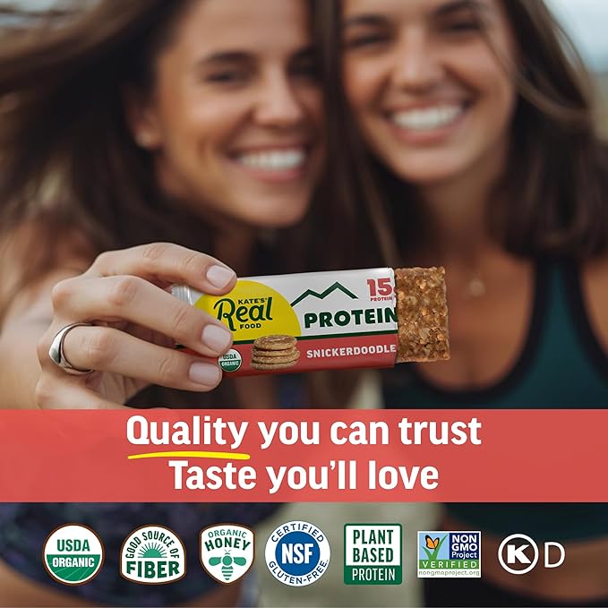 Kate’s Real Food Organic Protein Bars – (Peanut Butter Brownie Snickerdoodle Variety 2.2 oz Pack of 12) – Plant Based Protein Bars - Gluten Free Soy Free Non GMO Whole Grains and All Natural